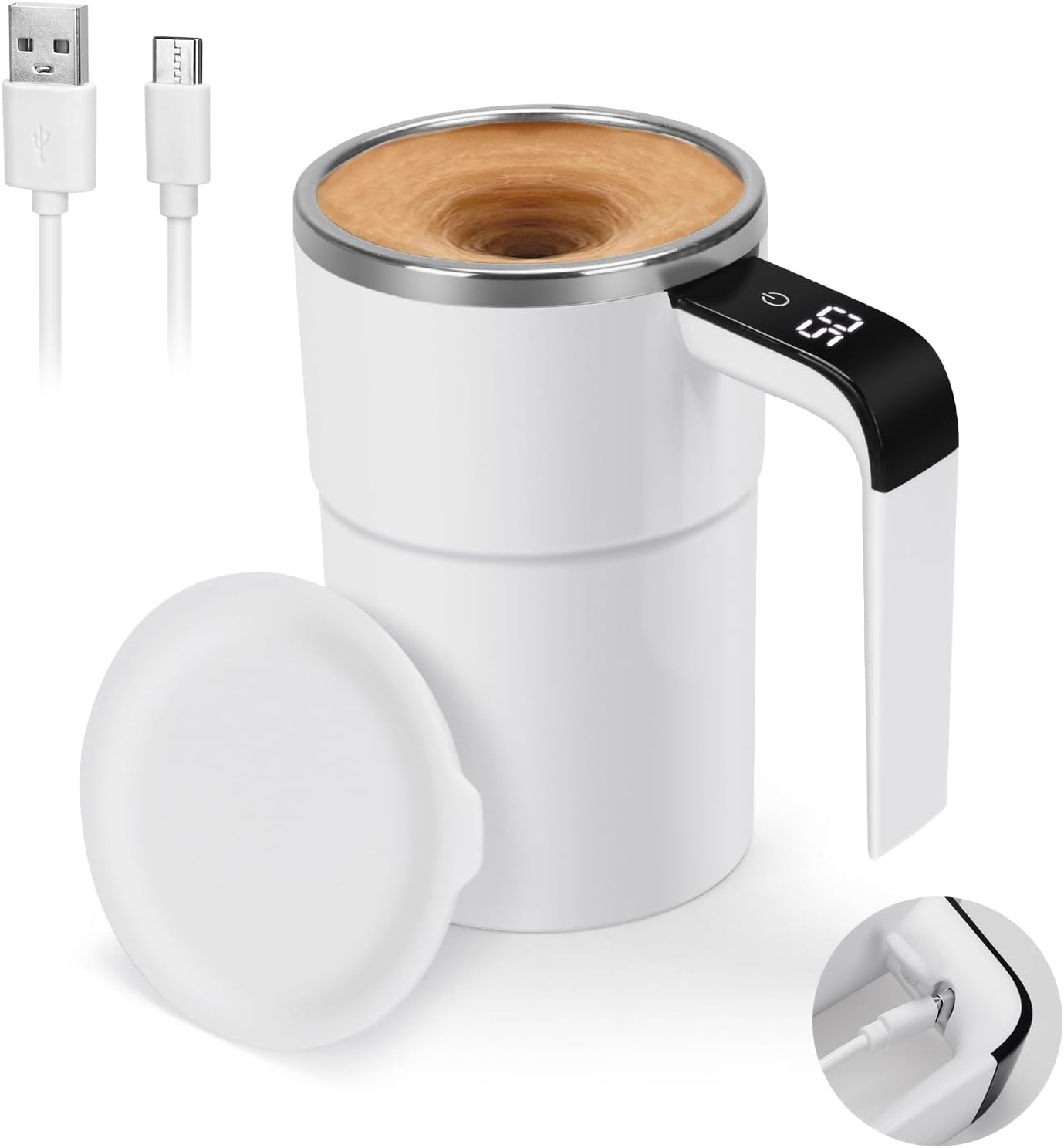 Self Stirring WHITE Mug, Auto Magnetic Coffee Mug with LED Display Temperature, Rechargeable Automatic Stirring Cup, 12oz Self Mixing Cup with Lid To Stir Coffee Mixed Milk at Desk Use