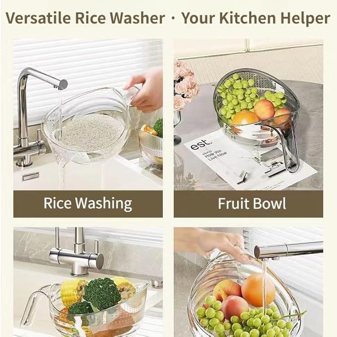 Rice Washer Strainer, 9x5 Inch BPA-Free Plastic with Fine Holes & Ergonomic Handle, Multifunctional Fruit & Vegetable Washing Bowl, Compact, Lightweight, for Efficient Draining & Rinsing