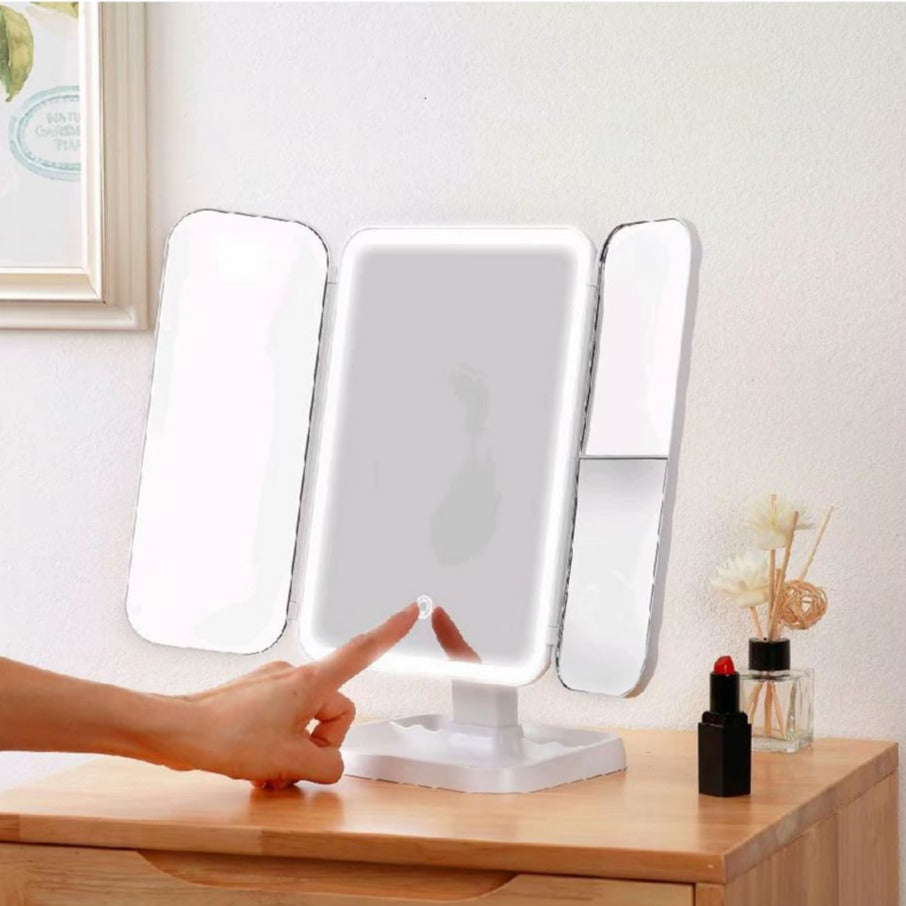 Makeup Mirror Vanity Mirror with Lights 38 LED Lighted Mirror 1X/2X/5X/10X Magnification Trifold Mirror with Touch Screen 180 Degree Rotation Dual Power Supply Dimming Lit Cosmetic Mirror