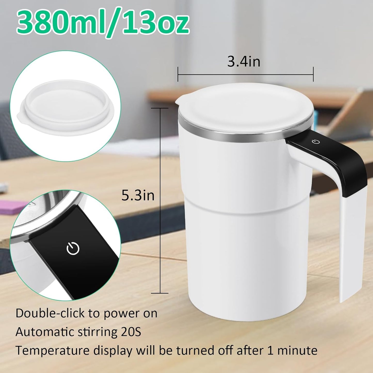 Self Stirring WHITE Mug, Auto Magnetic Coffee Mug with LED Display Temperature, Rechargeable Automatic Stirring Cup, 12oz Self Mixing Cup with Lid To Stir Coffee Mixed Milk at Desk Use