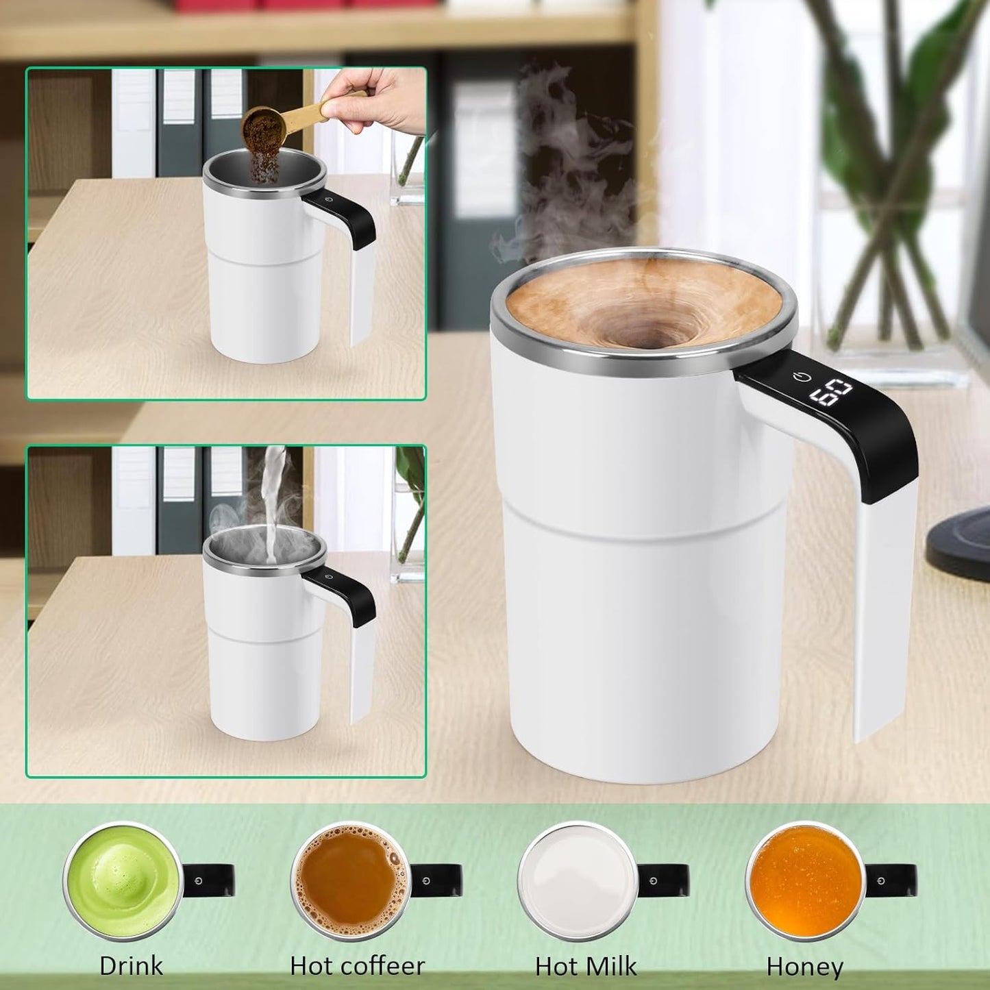 Self Stirring WHITE Mug, Auto Magnetic Coffee Mug with LED Display Temperature, Rechargeable Automatic Stirring Cup, 12oz Self Mixing Cup with Lid To Stir Coffee Mixed Milk at Desk Use