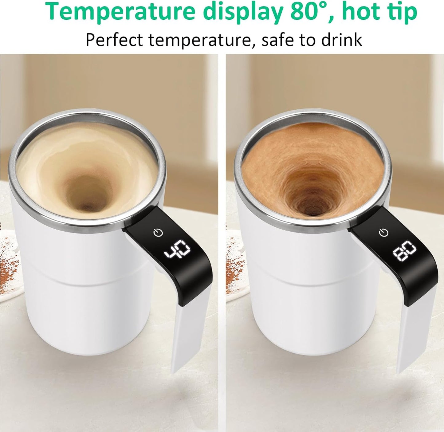 Self Stirring WHITE Mug, Auto Magnetic Coffee Mug with LED Display Temperature, Rechargeable Automatic Stirring Cup, 12oz Self Mixing Cup with Lid To Stir Coffee Mixed Milk at Desk Use