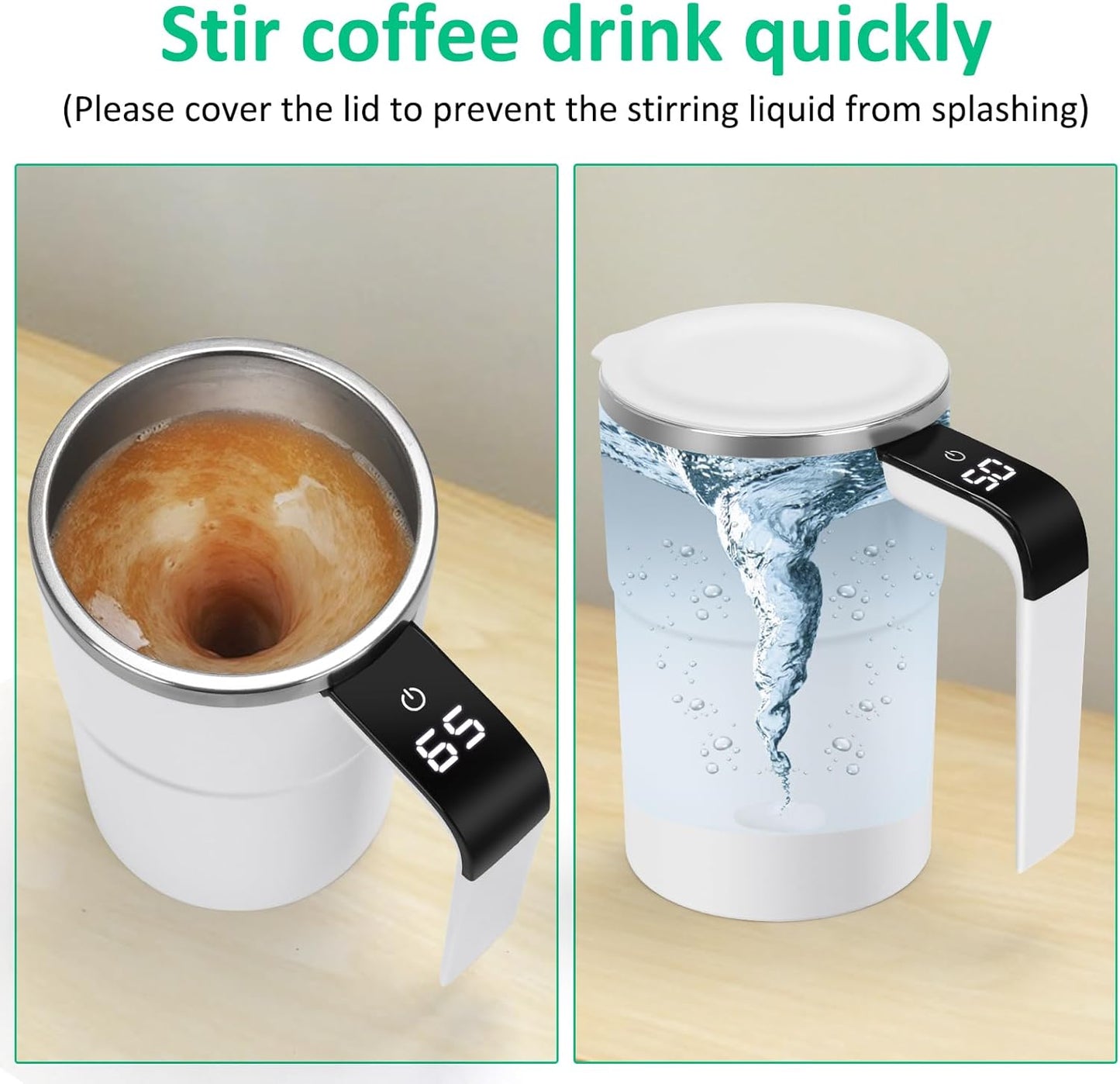 Self Stirring WHITE Mug, Auto Magnetic Coffee Mug with LED Display Temperature, Rechargeable Automatic Stirring Cup, 12oz Self Mixing Cup with Lid To Stir Coffee Mixed Milk at Desk Use