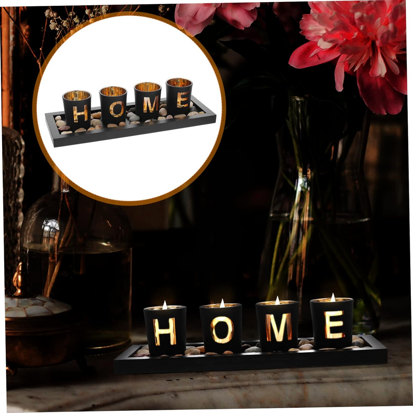 Yardenfun Wooden Tray Candlestick Set – Letter “HOME” Decor for Tabletop & Terrarium