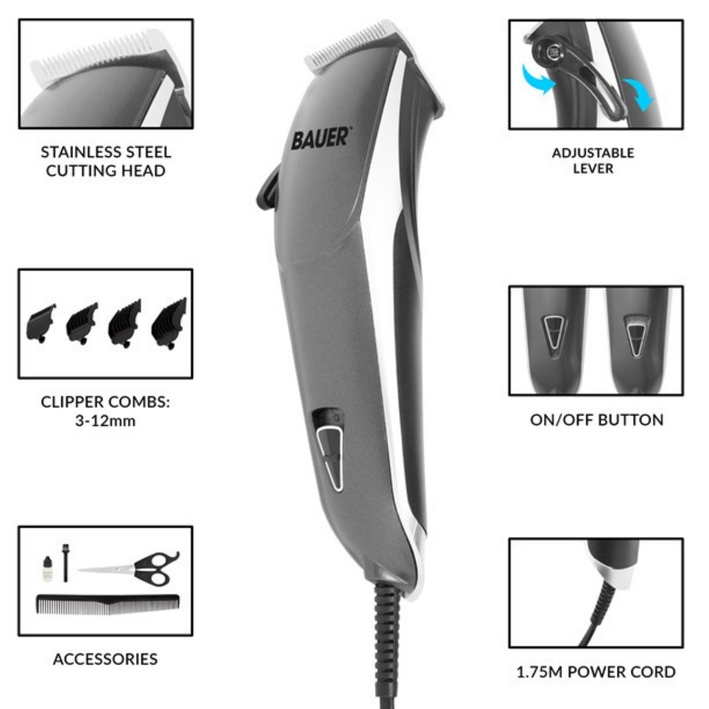 Bauer Hair Clipper Set – Corded Trimmer with 4 Combs, Scissors & Gel