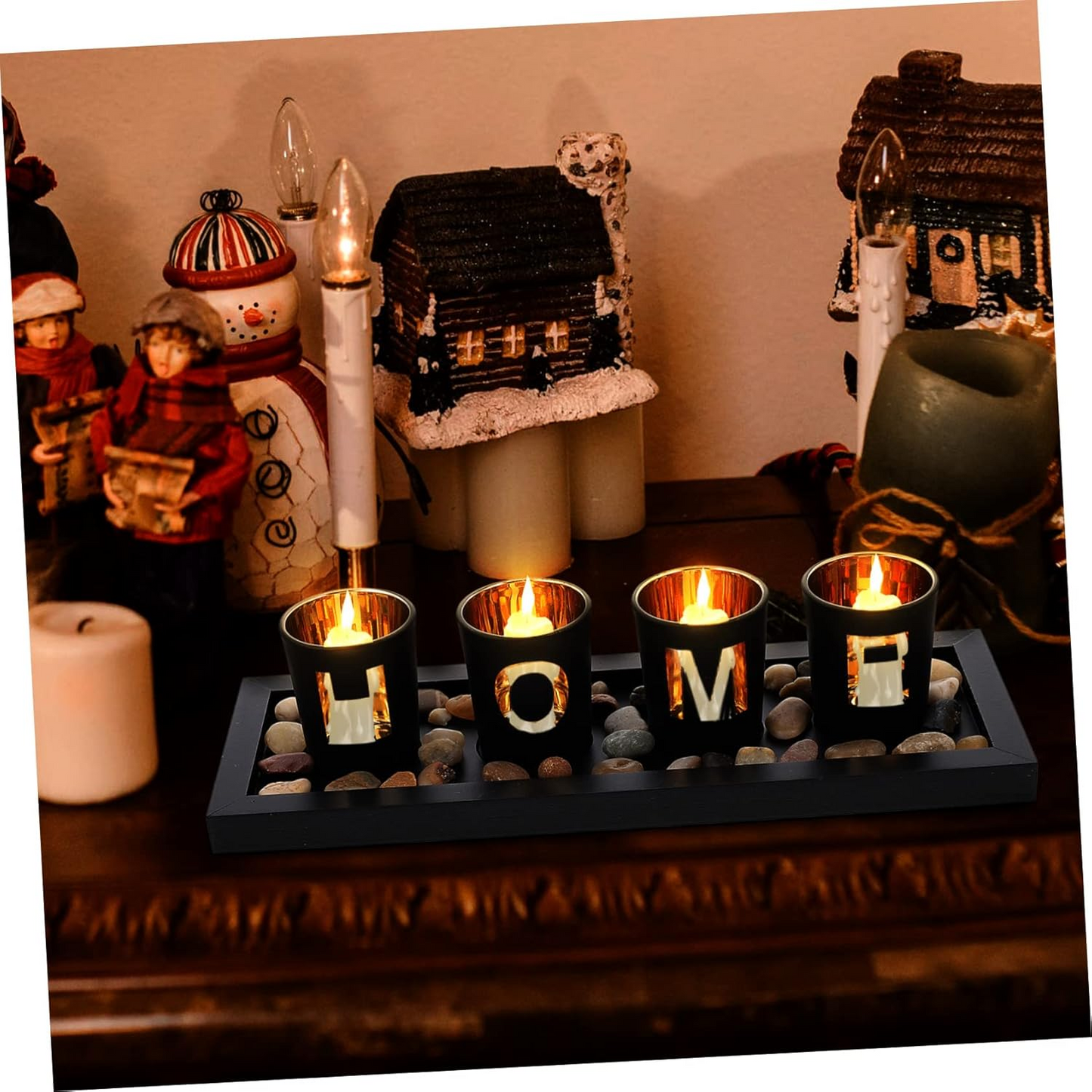 Yardenfun Wooden Tray Candlestick Set – Letter “HOME” Decor for Tabletop & Terrarium