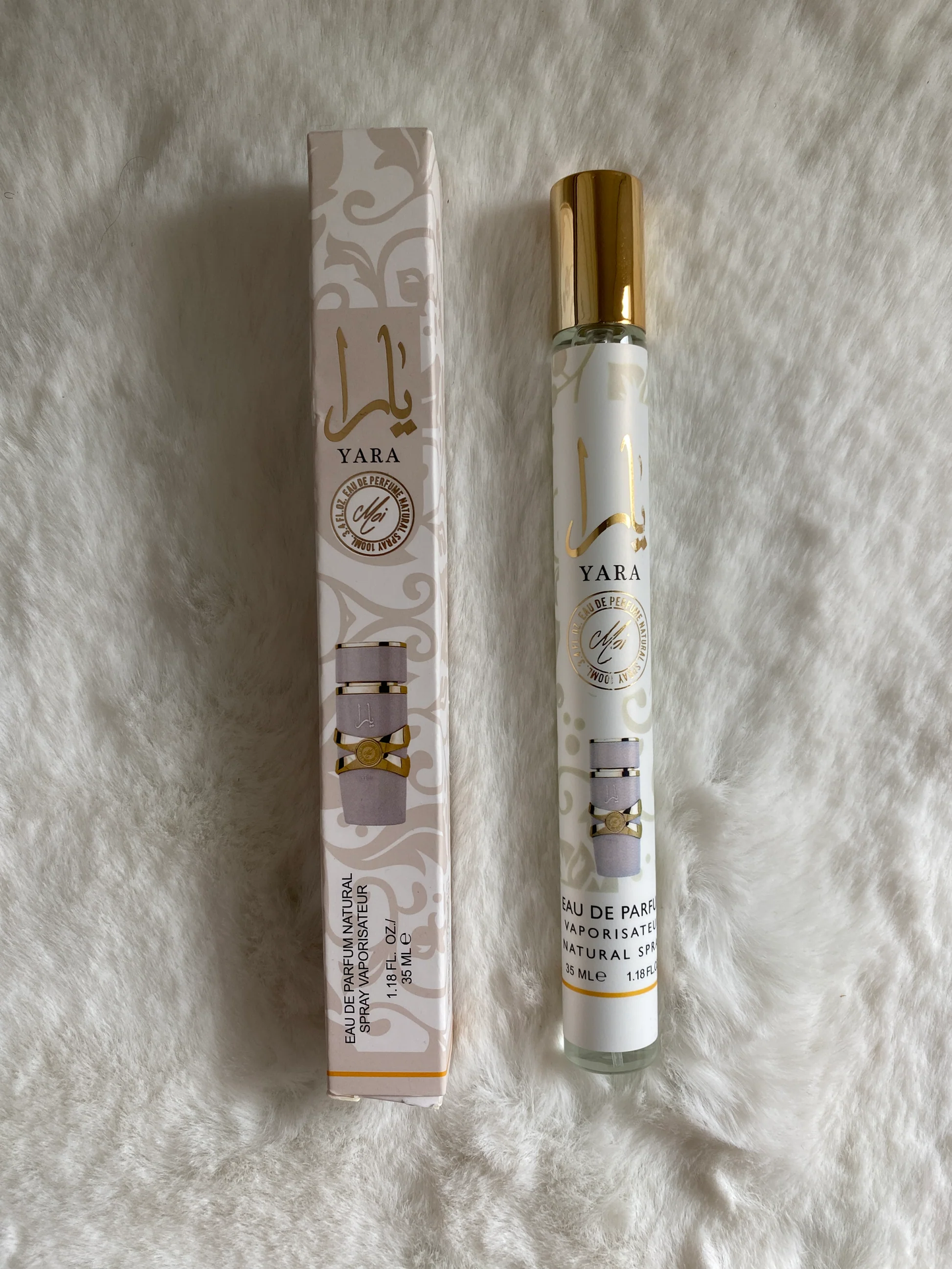 Lattafa Yara Moi White 35ml Stick Spray - Long Lasting Portable with Pheromones for Men Women - Clean Vibes Luxe Feels - Alcohol Free Peach Caramel Patchouli Sandalwood Amber