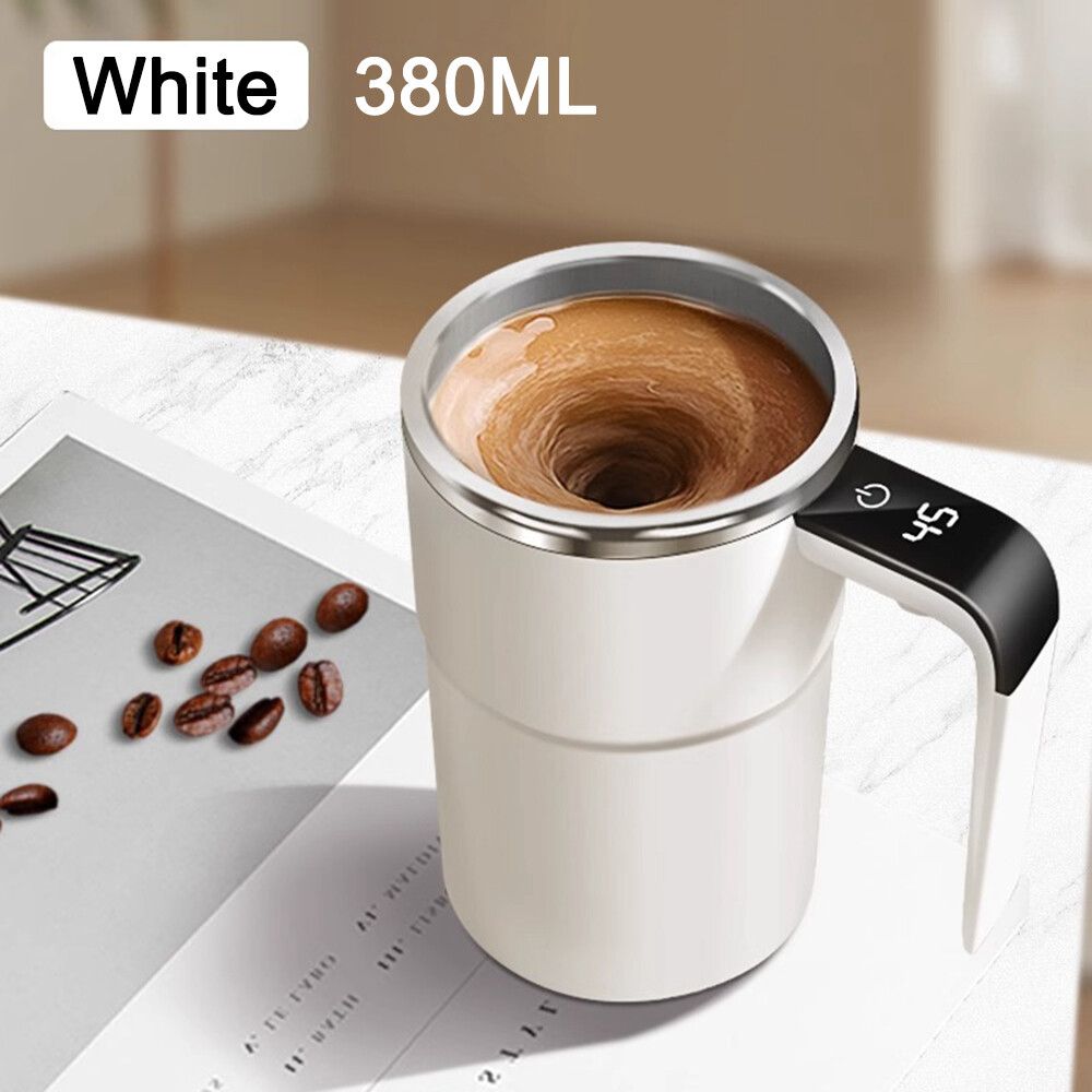 Self Stirring WHITE Mug, Auto Magnetic Coffee Mug with LED Display Temperature, Rechargeable Automatic Stirring Cup, 12oz Self Mixing Cup with Lid To Stir Coffee Mixed Milk at Desk Use
