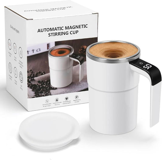 Self Stirring WHITE Mug, Auto Magnetic Coffee Mug with LED Display Temperature, Rechargeable Automatic Stirring Cup, 12oz Self Mixing Cup with Lid To Stir Coffee Mixed Milk at Desk Use
