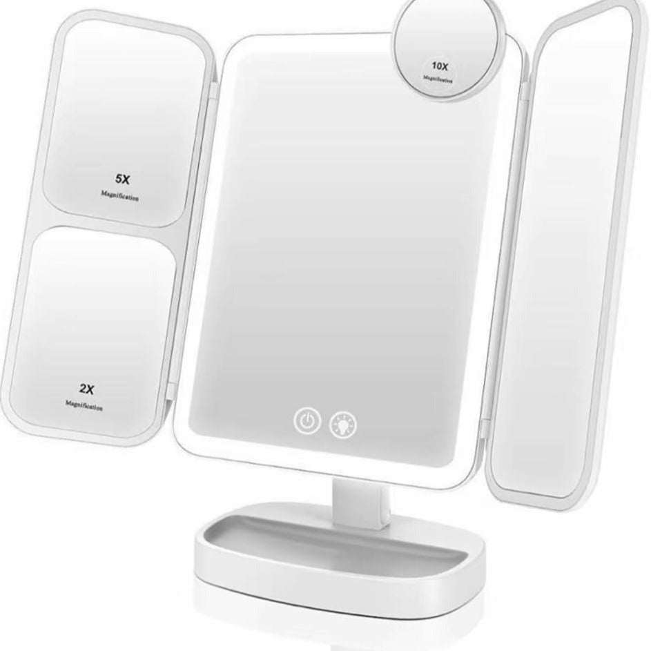 Makeup Mirror Vanity Mirror with Lights 38 LED Lighted Mirror 1X/2X/5X/10X Magnification Trifold Mirror with Touch Screen 180 Degree Rotation Dual Power Supply Dimming Lit Cosmetic Mirror