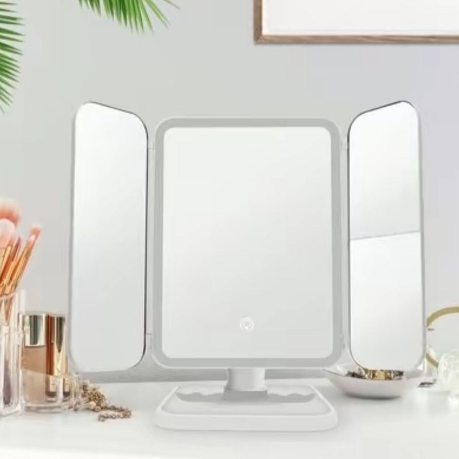 Makeup Mirror Vanity Mirror with Lights 38 LED Lighted Mirror 1X/2X/5X/10X Magnification Trifold Mirror with Touch Screen 180 Degree Rotation Dual Power Supply Dimming Lit Cosmetic Mirror