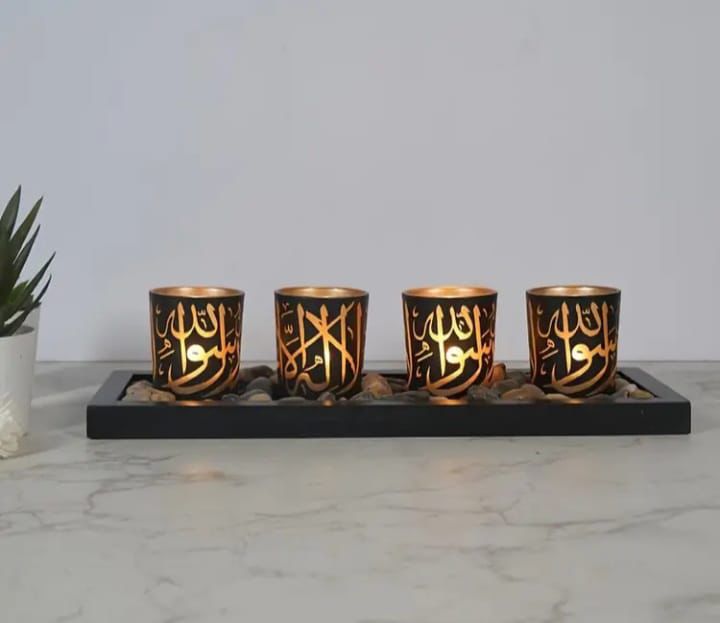 Islamic Wooden & Glass Candle Holder Set – Elegant Ramadan & Eid Home Décor
