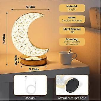 Ramadan Crystal Table Lamp, Moon Shape Night Light, Touch LED Nightstand Desk Lamp for Home Bedroom Living Room Decorations