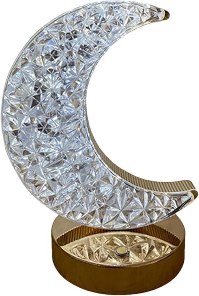 Ramadan Crystal Table Lamp, Moon Shape Night Light, Touch LED Nightstand Desk Lamp for Home Bedroom Living Room Decorations