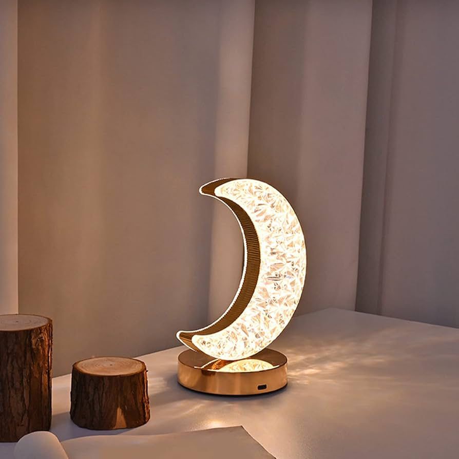Ramadan Crystal Table Lamp, Moon Shape Night Light, Touch LED Nightstand Desk Lamp for Home Bedroom Living Room Decorations