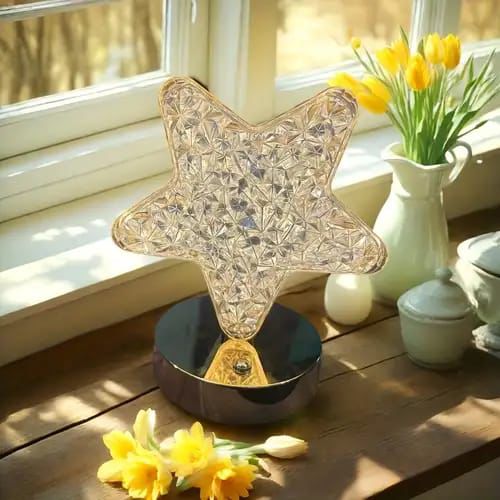Ramadan Decorations, luxurious crystal table lamp with a star-shaped acrylic lampshade and chrome metal base. Its vivid design creates an elegant ambiance, perfect for home, bedroom, or office decor.