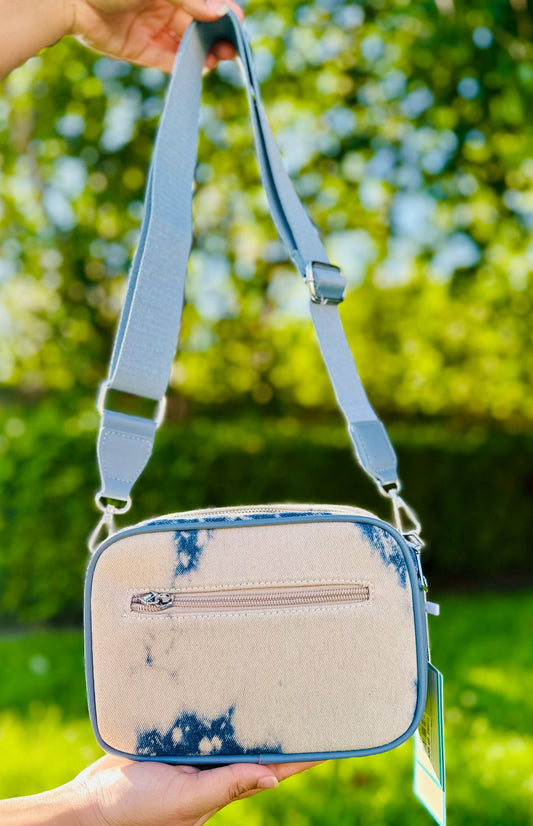 Denim Crossbody Bag with Blue Marble Design and Adjustable Strap - Compact Size & Double Zipper Messenger Bag