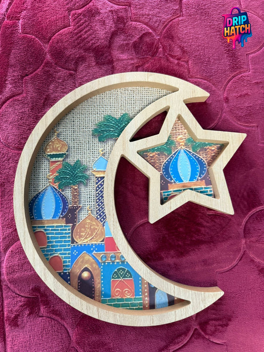 Crescent & Star Wooden Tray – Islamic Serving & Décor Piece