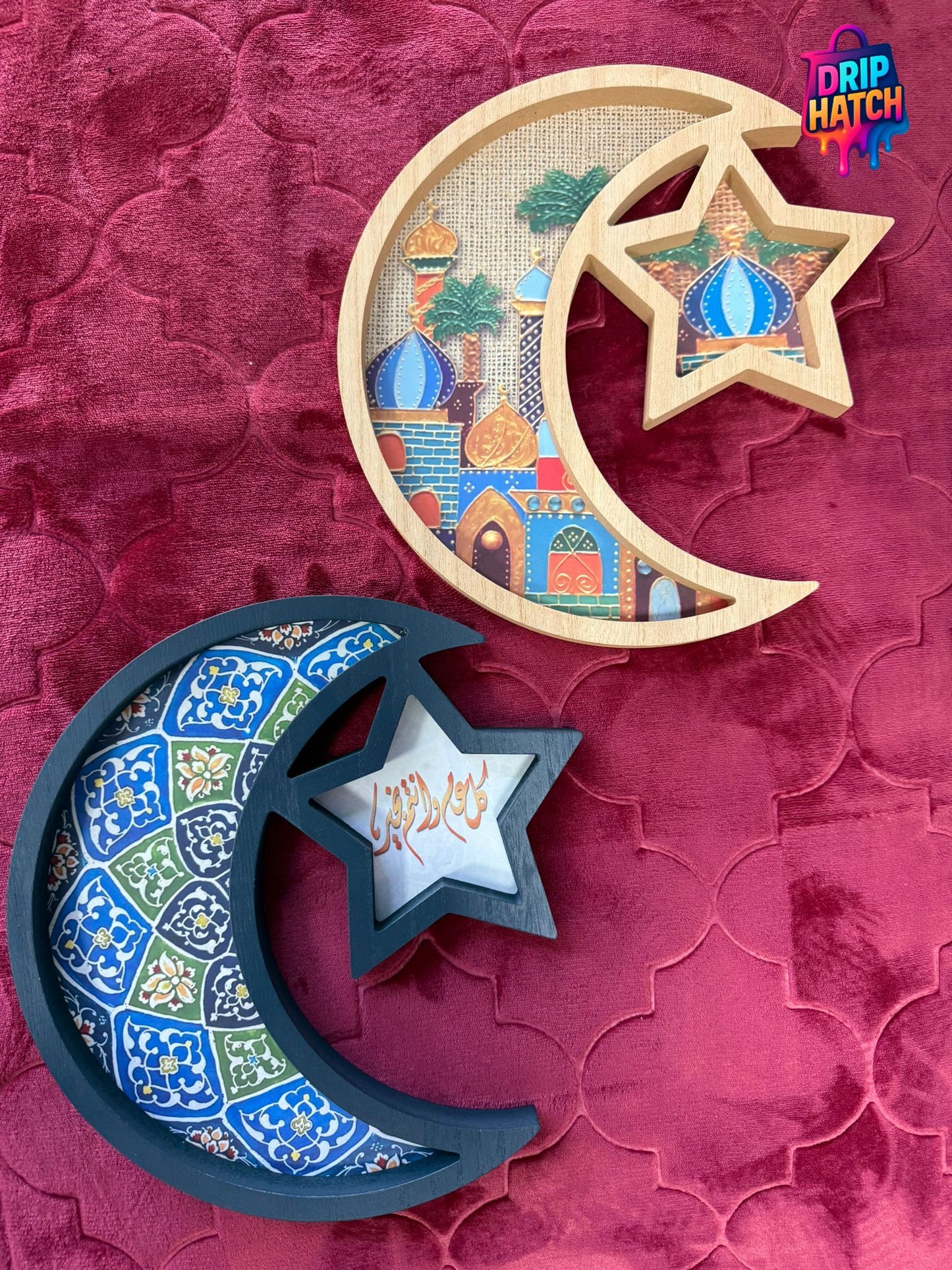 Crescent & Star Wooden Tray – Islamic Serving & Décor Piece