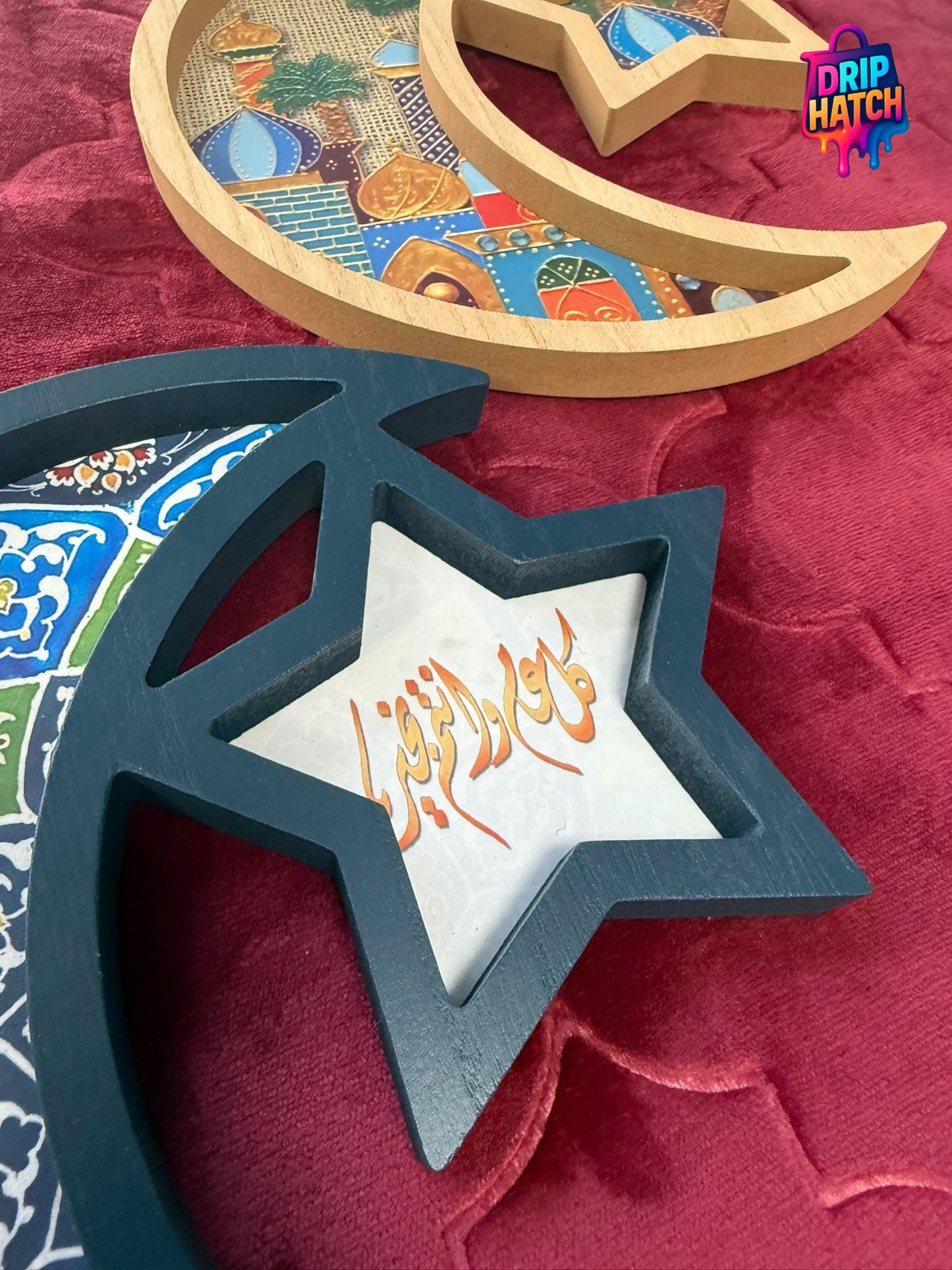 Crescent & Star Wooden Tray – Islamic Serving & Décor Piece