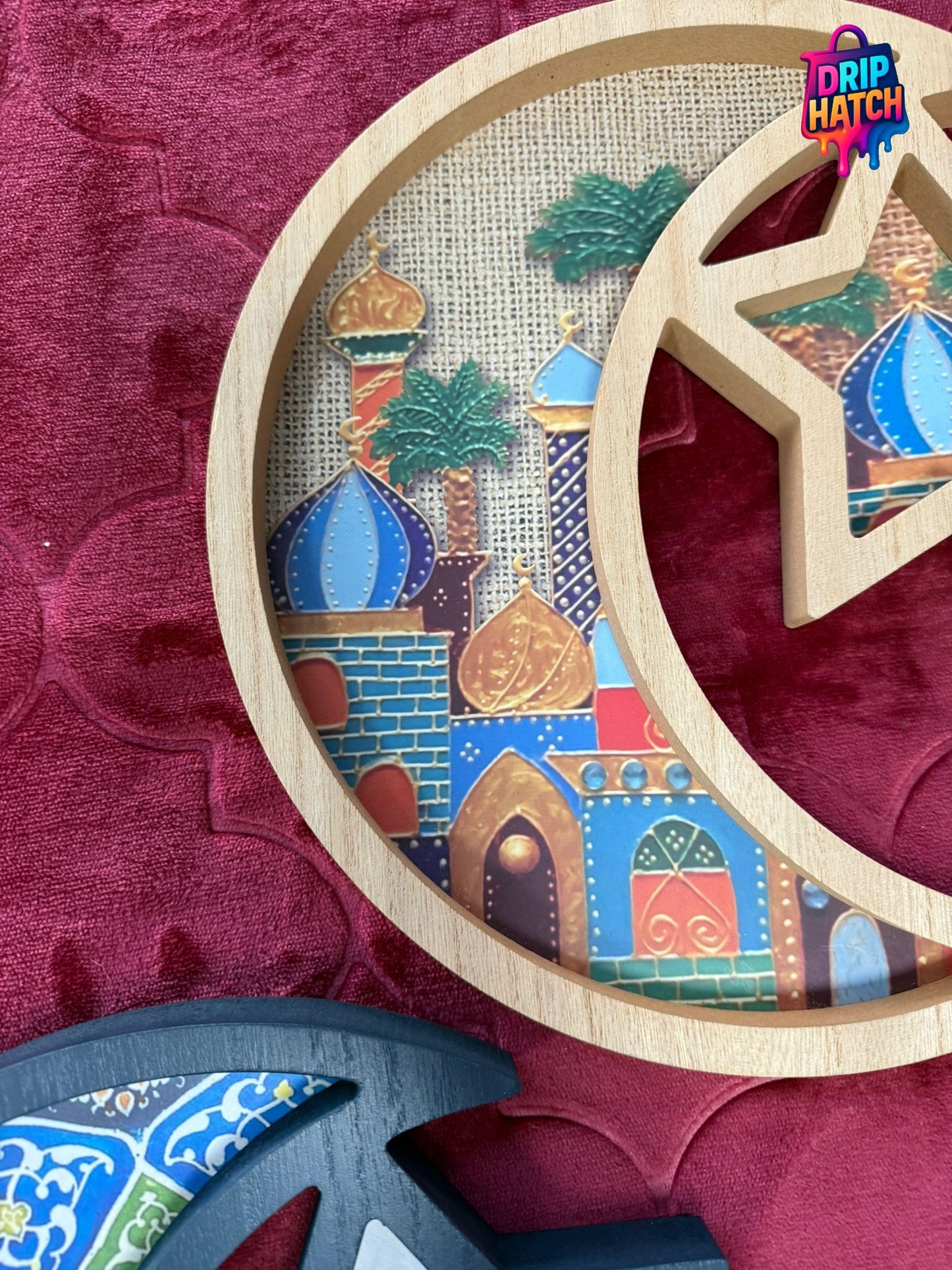 Crescent & Star Wooden Tray – Islamic Serving & Décor Piece