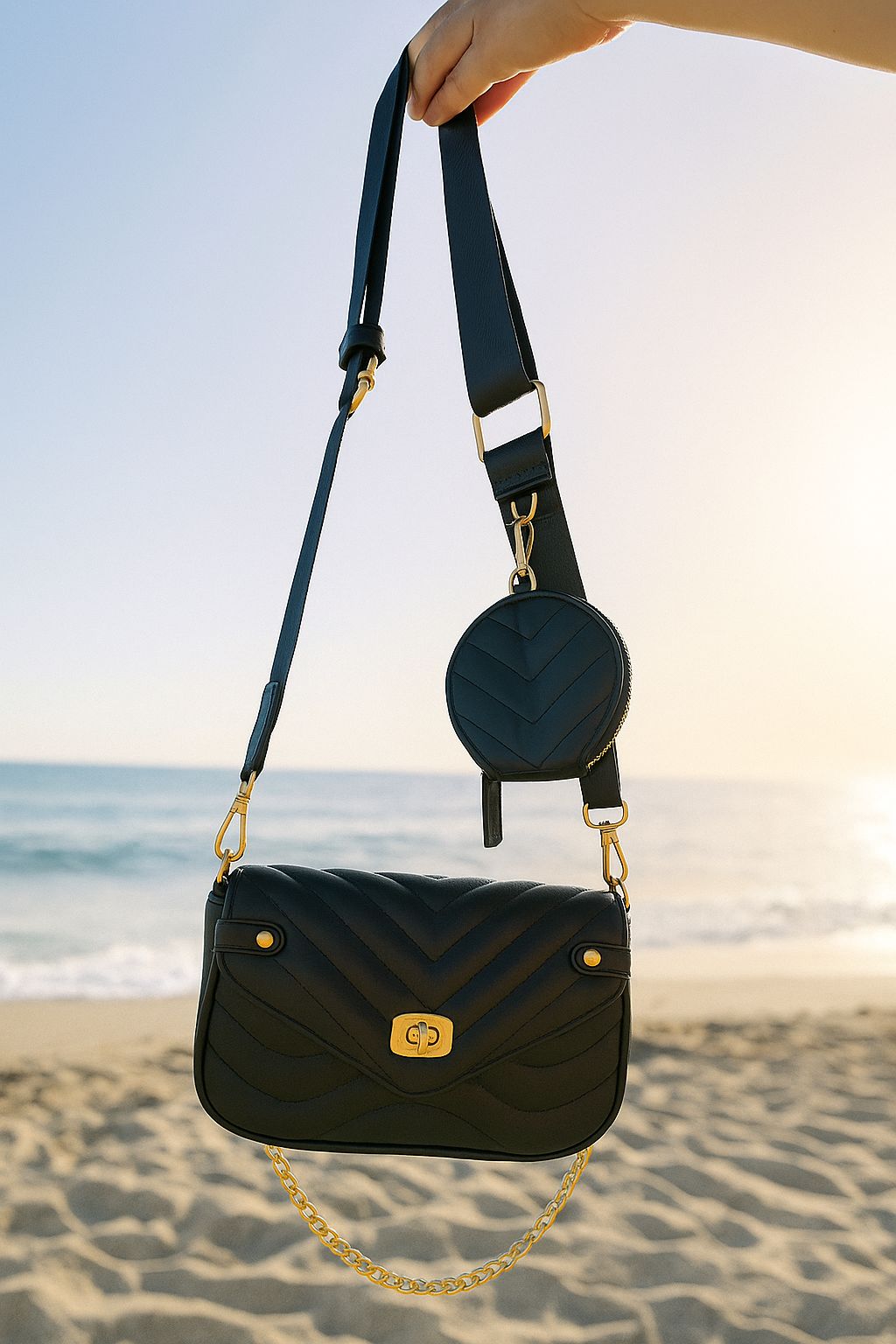 Modern Leather Crossbody Bag with Gold Chain & Mini Coin Pouch