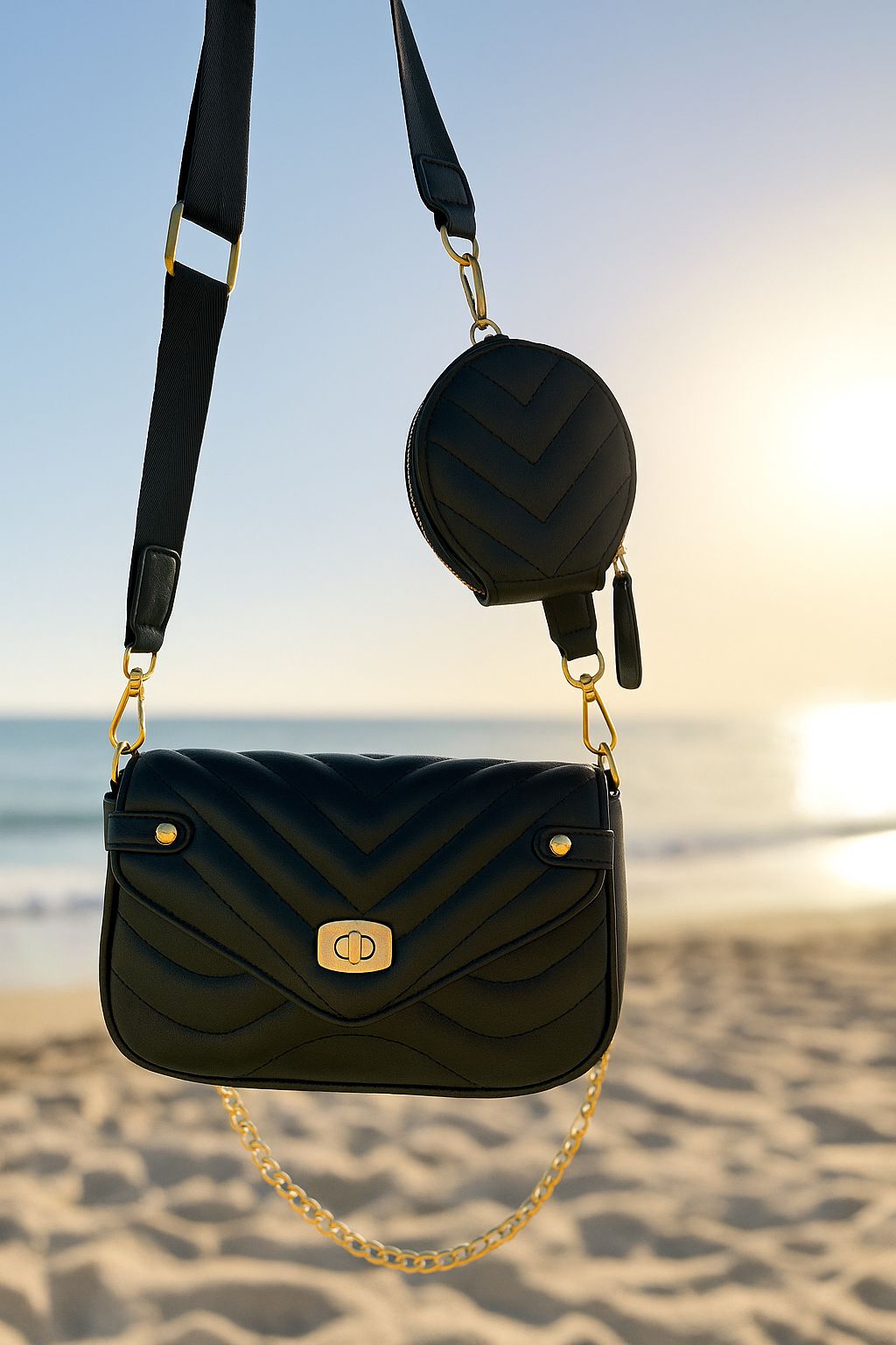 Modern Leather Crossbody Bag with Gold Chain & Mini Coin Pouch