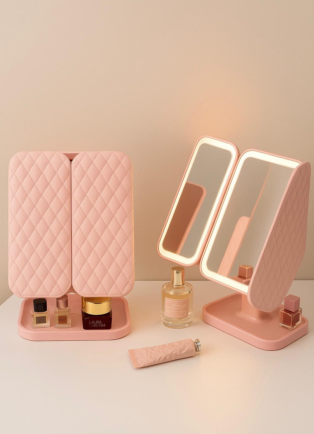 Makeup Mirror Vanity Mirror with Lights 38 LED Lighted Mirror 1X/2X/5X/10X Magnification Trifold Mirror with Touch Screen 180 Degree Rotation Dual Power Supply Dimming Lit Cosmetic Mirror