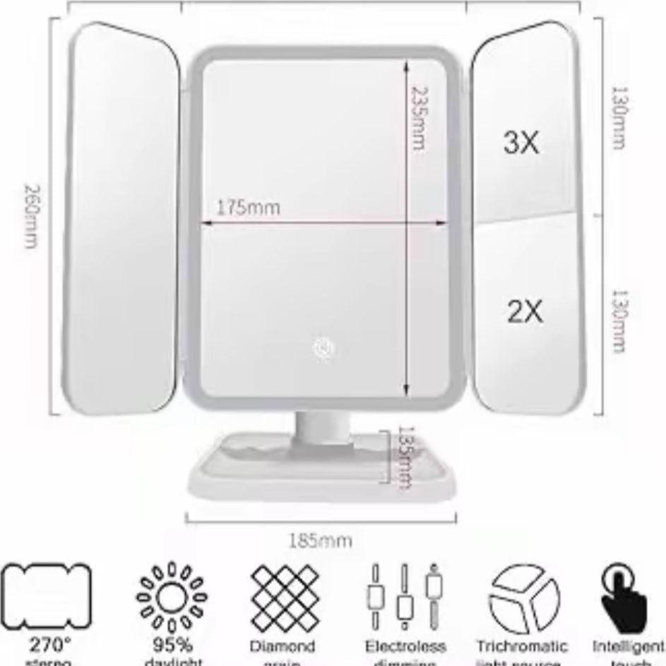 Makeup Mirror Vanity Mirror with Lights 38 LED Lighted Mirror 1X/2X/5X/10X Magnification Trifold Mirror with Touch Screen 180 Degree Rotation Dual Power Supply Dimming Lit Cosmetic Mirror