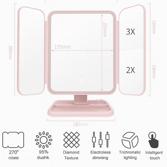 Makeup Mirror Vanity Mirror with Lights 38 LED Lighted Mirror 1X/2X/5X/10X Magnification Trifold Mirror with Touch Screen 180 Degree Rotation Dual Power Supply Dimming Lit Cosmetic Mirror