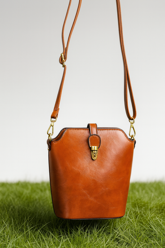 Women's PU Leather Bucket Bag with Gold Hardware & Crossbody Strap