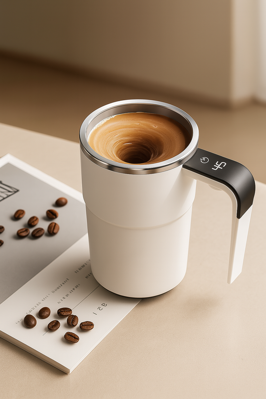Self Stirring WHITE Mug, Auto Magnetic Coffee Mug with LED Display Temperature, Rechargeable Automatic Stirring Cup, 12oz Self Mixing Cup with Lid To Stir Coffee Mixed Milk at Desk Use
