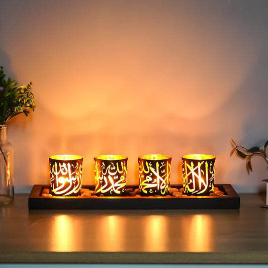 Islamic Wooden & Glass Candle Holder Set – Elegant Ramadan & Eid Home Décor