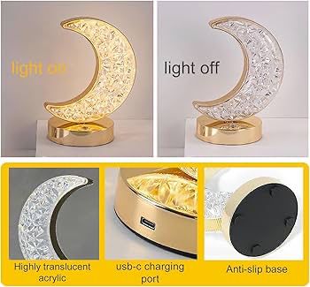 Ramadan Crystal Table Lamp, Moon Shape Night Light, Touch LED Nightstand Desk Lamp for Home Bedroom Living Room Decorations
