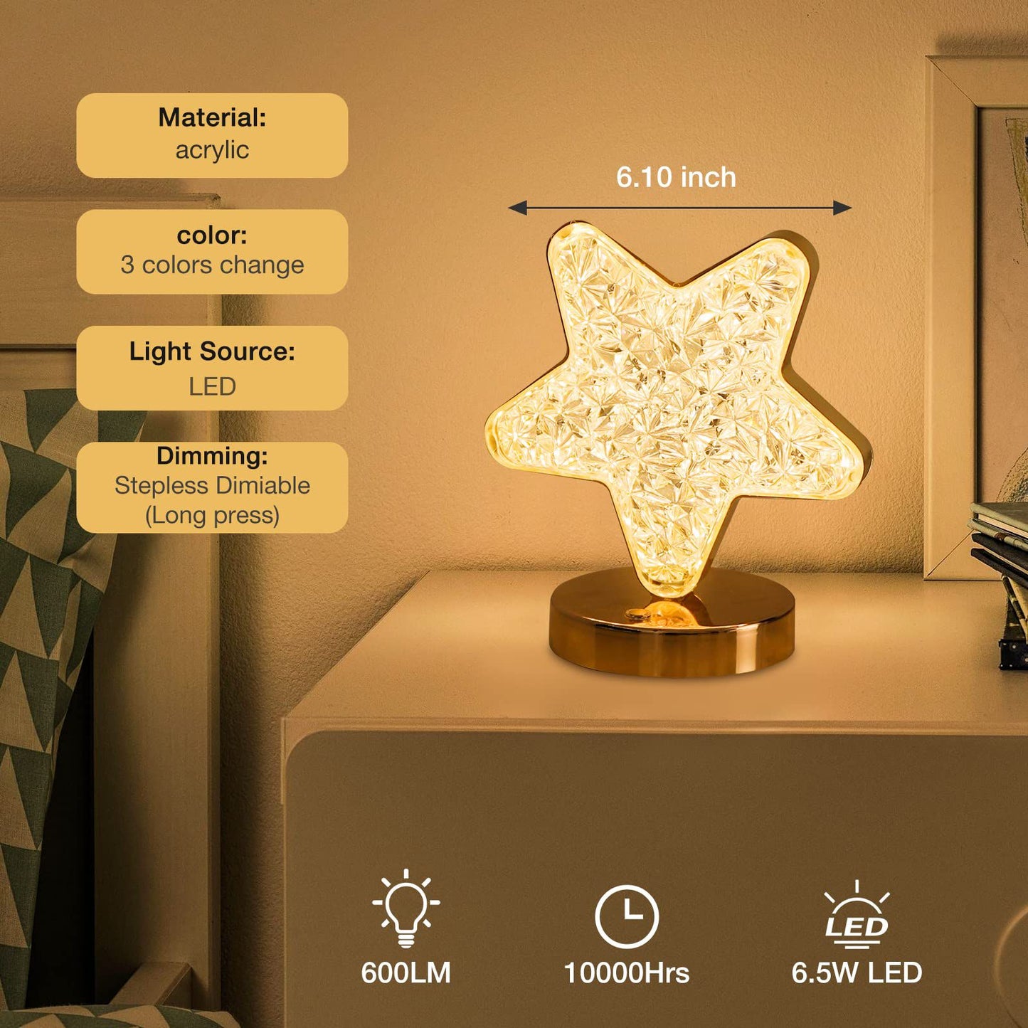 Ramadan Decorations, luxurious crystal table lamp with a star-shaped acrylic lampshade and chrome metal base. Its vivid design creates an elegant ambiance, perfect for home, bedroom, or office decor.