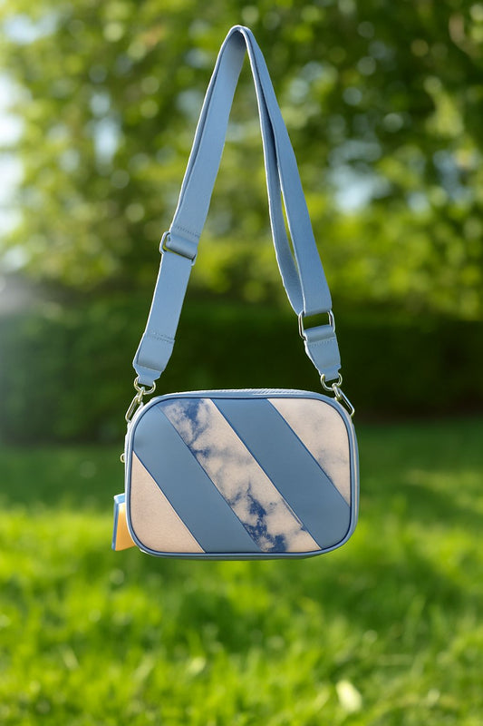 Denim Crossbody Bag with Blue Marble Design and Adjustable Strap - Compact Size & Double Zipper Messenger Bag