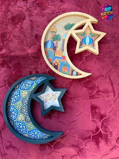 Crescent & Star Wooden Tray – Islamic Serving & Décor Piece