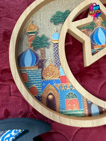 Crescent & Star Wooden Tray – Islamic Serving & Décor Piece