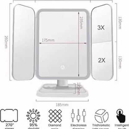 Makeup Mirror Vanity Mirror with Lights 38 LED Lighted Mirror 1X/2X/5X/10X Magnification Trifold Mirror with Touch Screen 180 Degree Rotation Dual Power Supply Dimming Lit Cosmetic Mirror